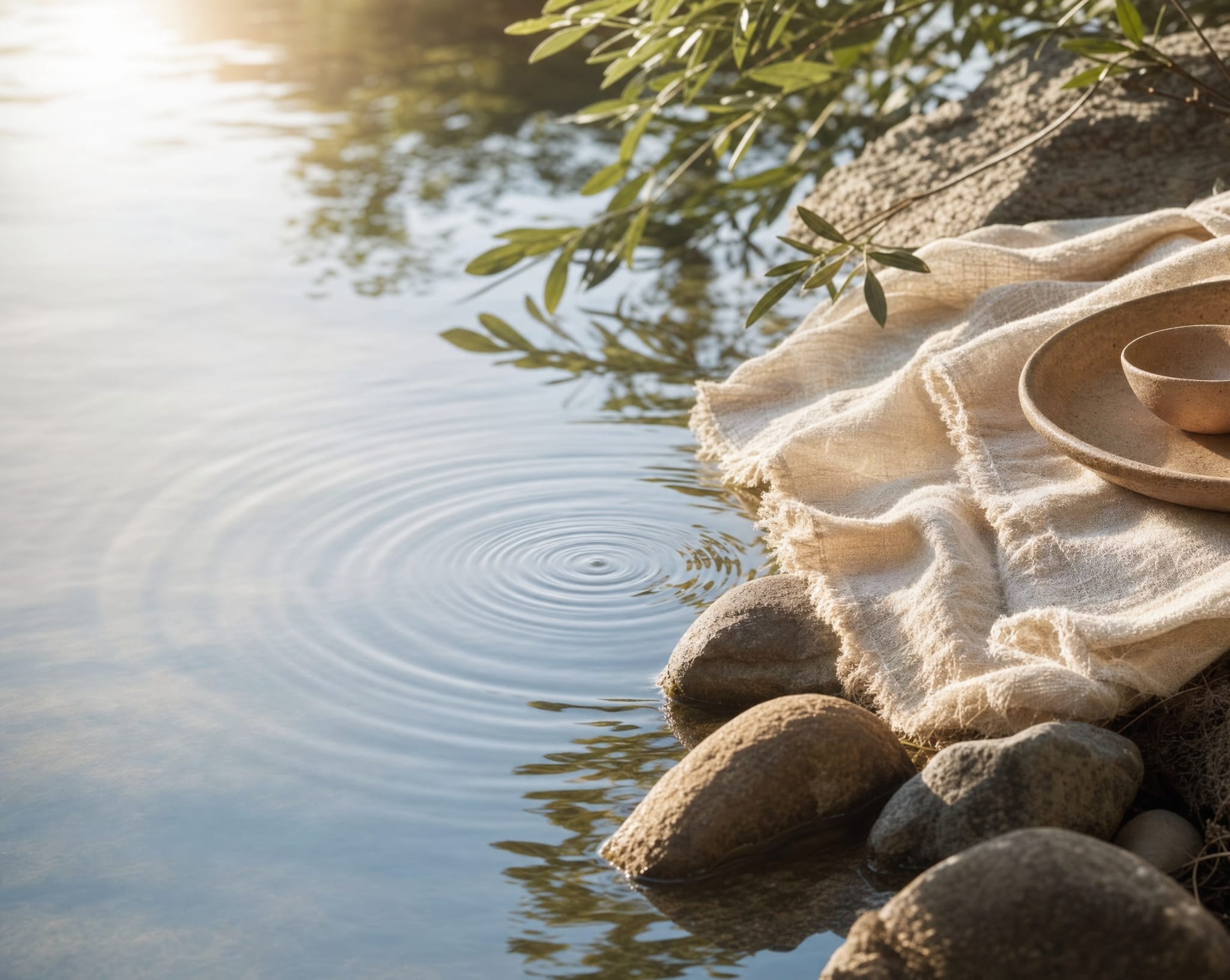 Ondulations régulières à la surface d'une eau calme au matin.