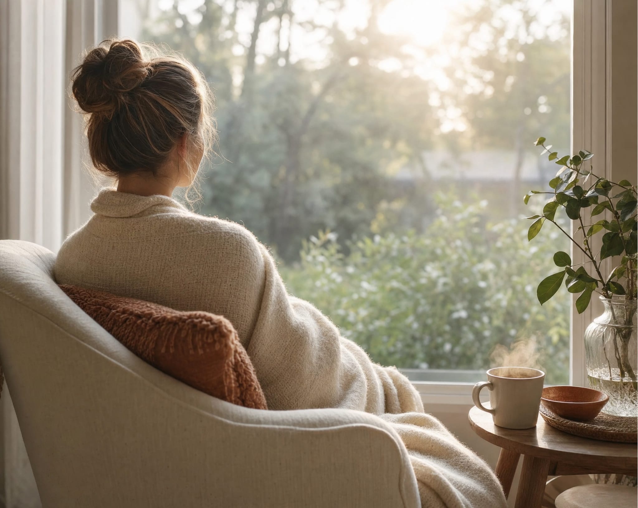 Personne de dos, enveloppée d’un plaid face à une fenêtre au petit matin, une tasse de thé à la main.