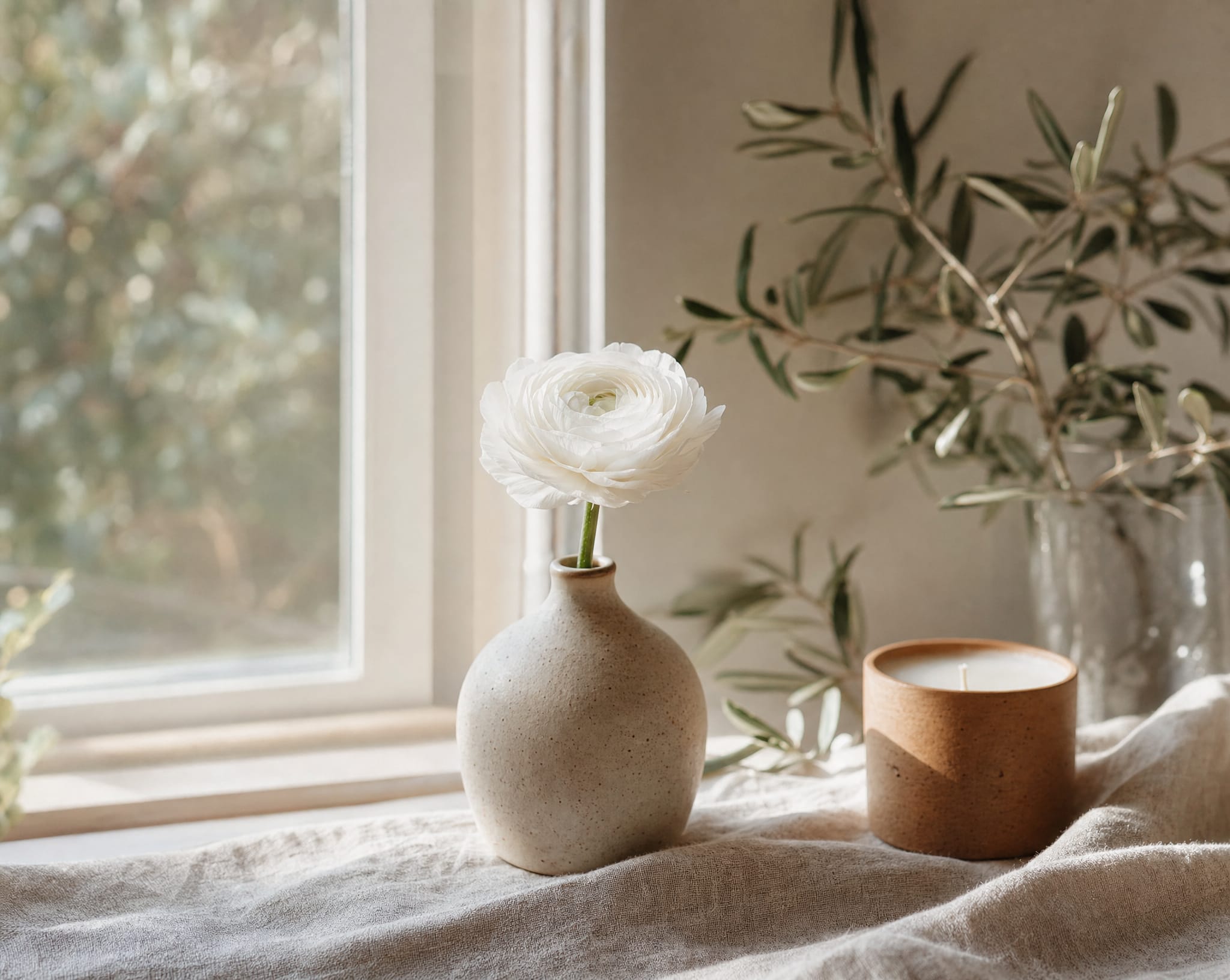 Renoncule blanche dans un vase en céramique près d'une fenêtre, lumière douce.