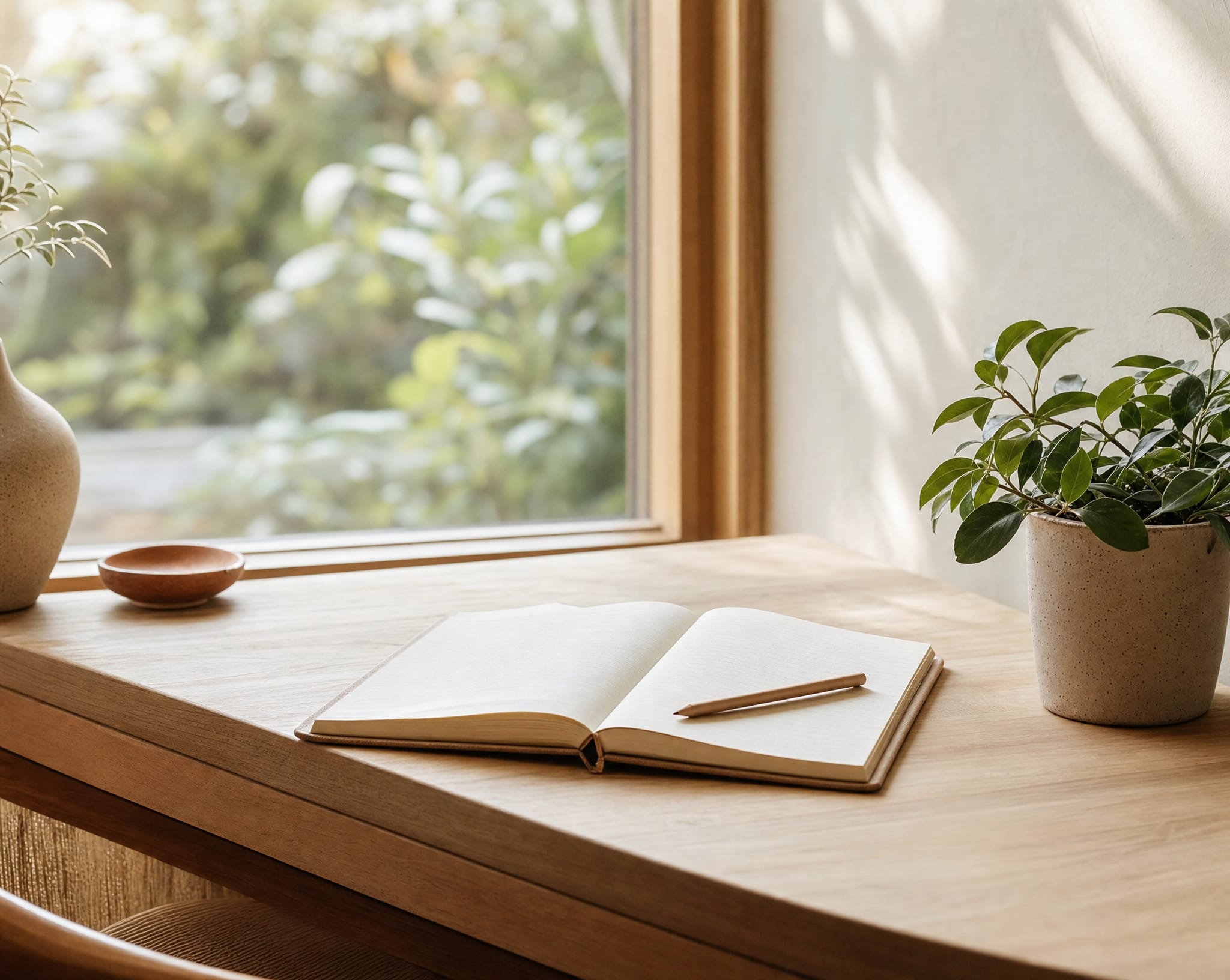 Bureau en bois clair rangé près d'une fenêtre, carnet ouvert et petite plante verte.