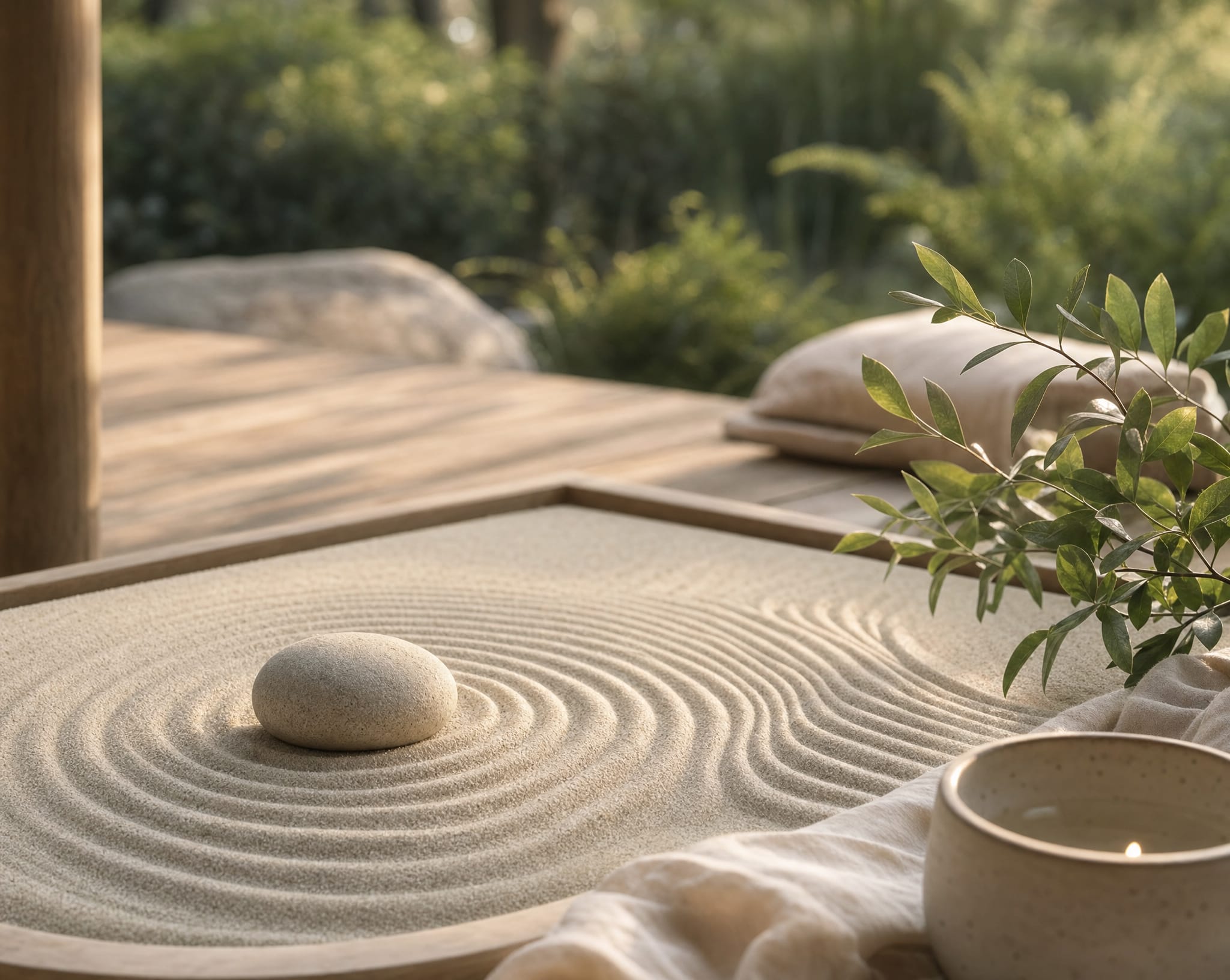 Sable ratissé d'un jardin zen dont les lignes se relâchent en ondulations naturelles.