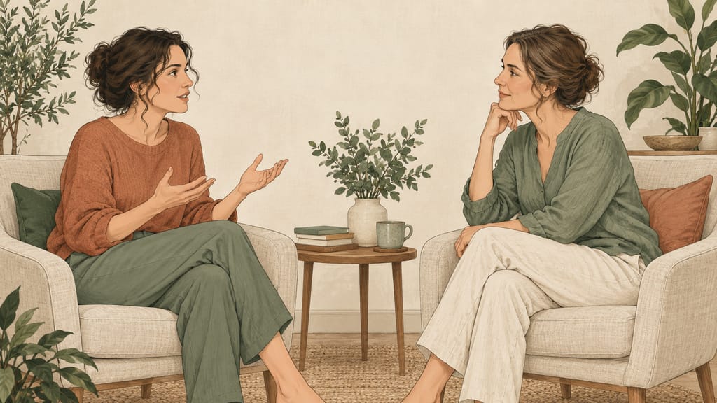 Illustration de deux adultes qui échangent sereinement leurs questions avant une séance.