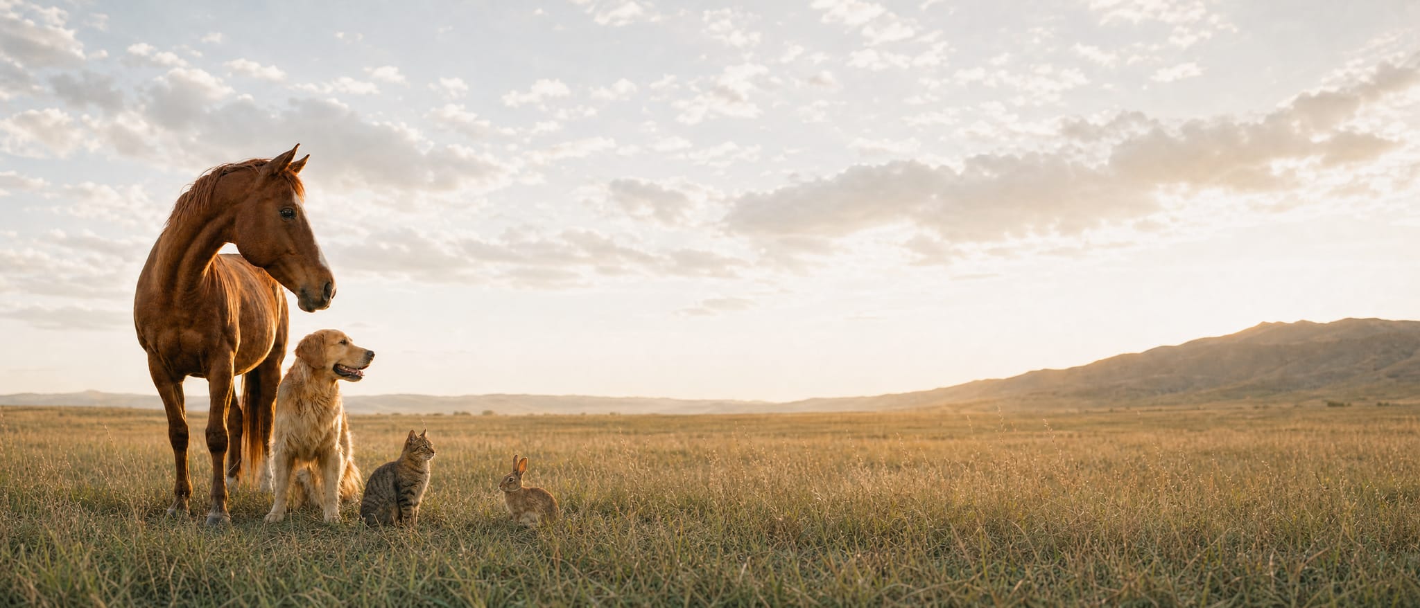 Un cheval alezan et un golden retriever côte à côte dans un pré, à la lumière dorée du soir.