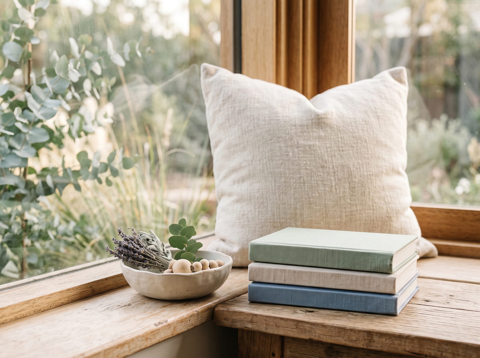 Un coussin de lin sur un banc de fenêtre en bois, une pile de livres reliés en tissu vert, greige et bleu, et un bol de lavande et d’eucalyptus séchés dans une lumière douce.