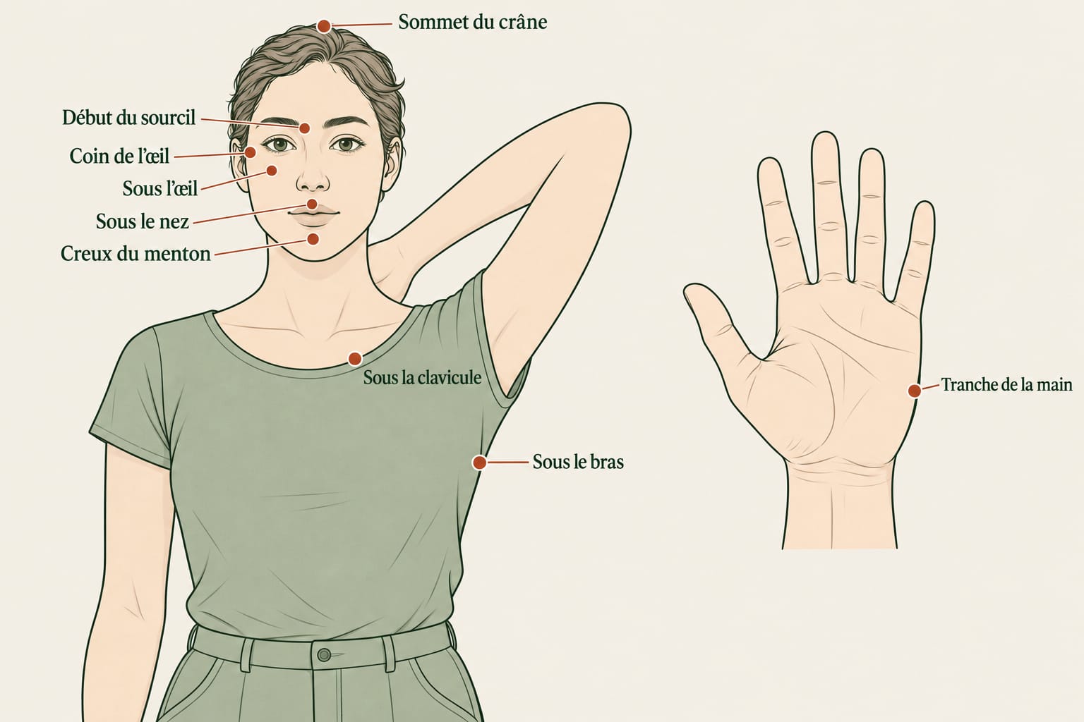 Repères EFT sur le sommet du crâne, le sourcil, autour de l’œil, sous le nez, le creux du menton, sous la clavicule, sous le bras et sur la tranche de la main.