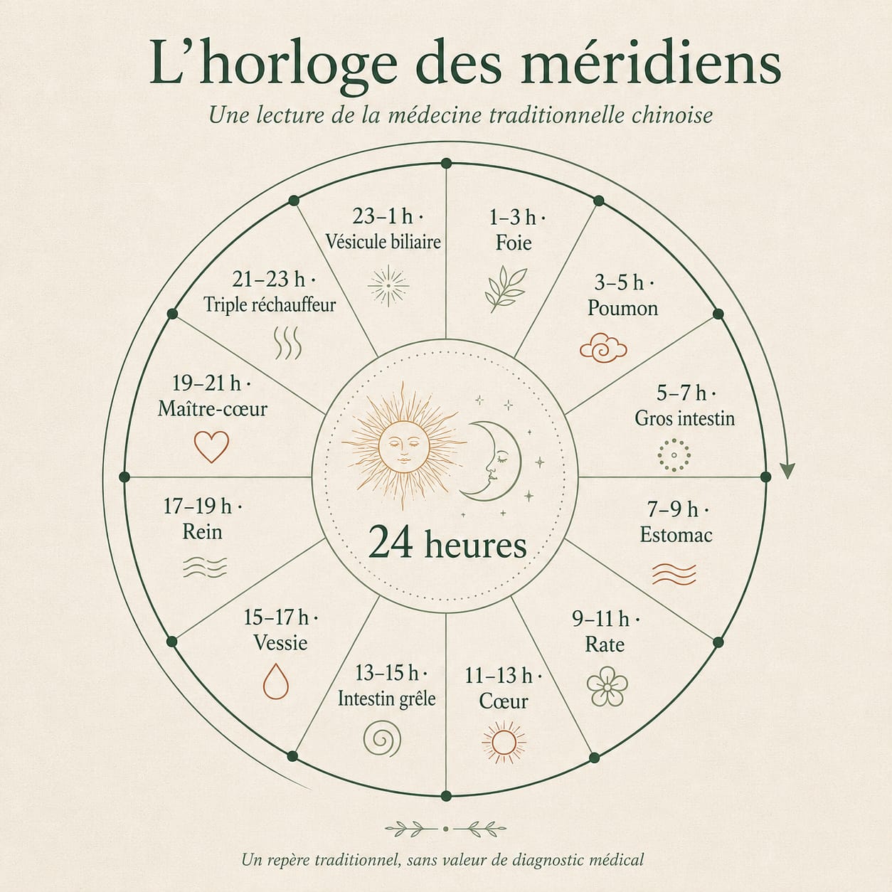 Horloge traditionnelle sur 24 heures : foie 1–3 h, poumon 3–5 h, gros intestin 5–7 h, estomac 7–9 h, rate 9–11 h, cœur 11–13 h, intestin grêle 13–15 h, vessie 15–17 h, rein 17–19 h, maître-cœur 19–21 h, triple réchauffeur 21–23 h, vésicule biliaire 23–1 h.