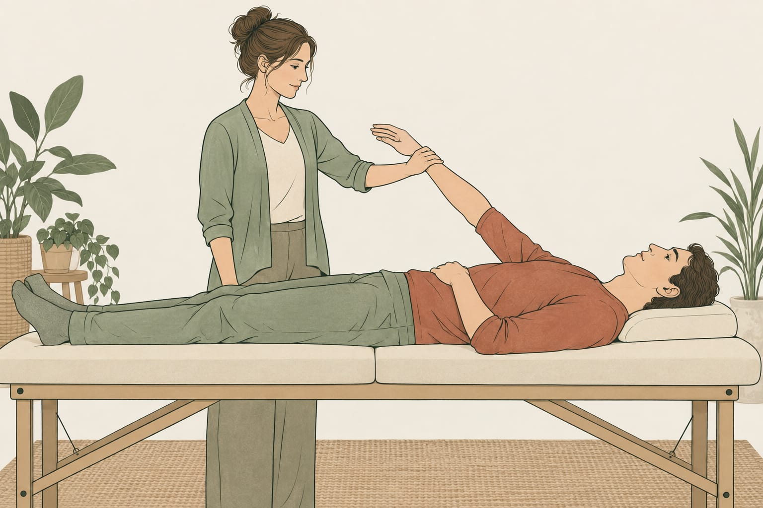 Le geste du test musculaire : une pression légère sur le bras, au niveau du poignet, un dialogue plutôt qu’un rapport de force.