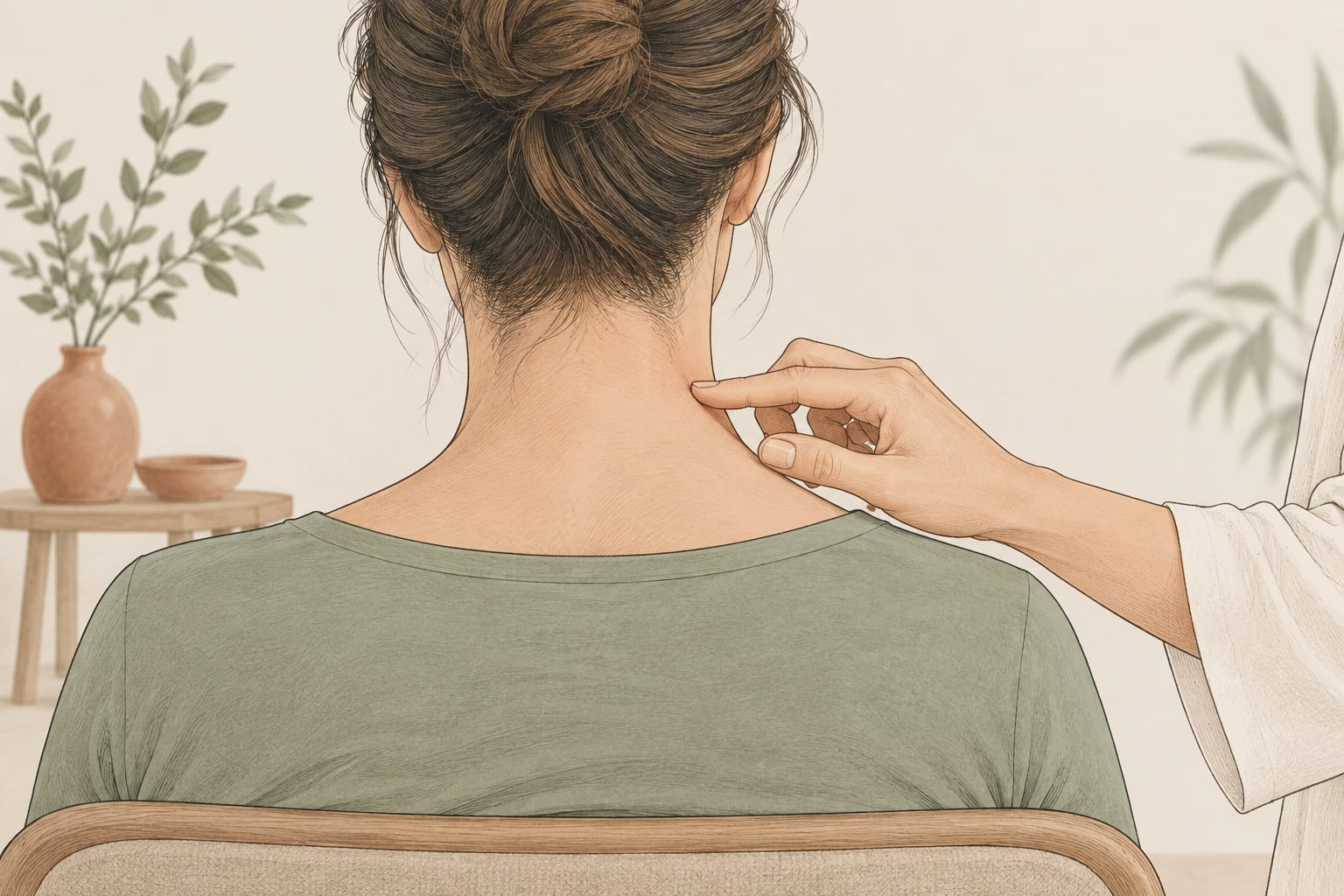 Illustration d’un toucher léger du bout du doigt sur la nuque.