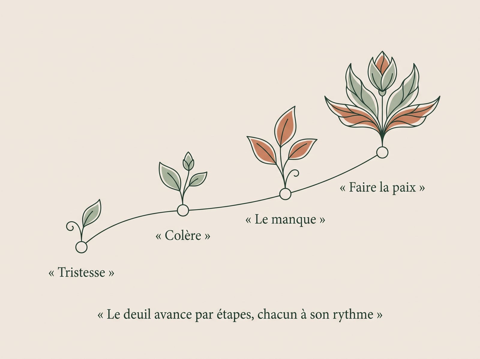 Illustration au trait : une tige qui s’élève par étapes, du bourgeon à la fleur, jalonnée des mots « Tristesse », « Colère », « Le manque », puis « Faire la paix ».