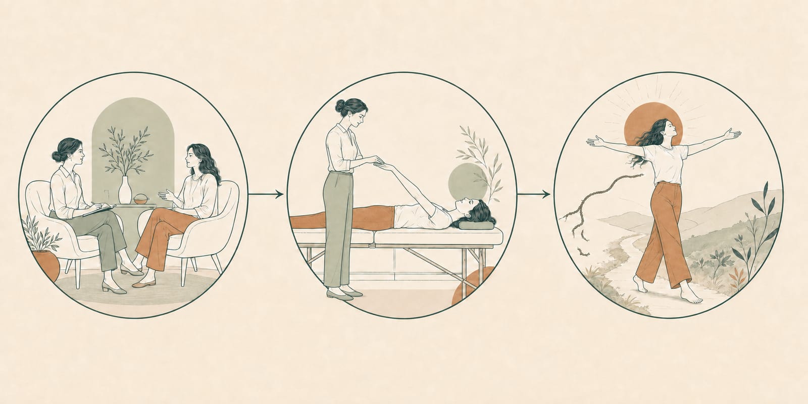 Illustration des trois temps d’une séance : échange, test musculaire et équilibrations.